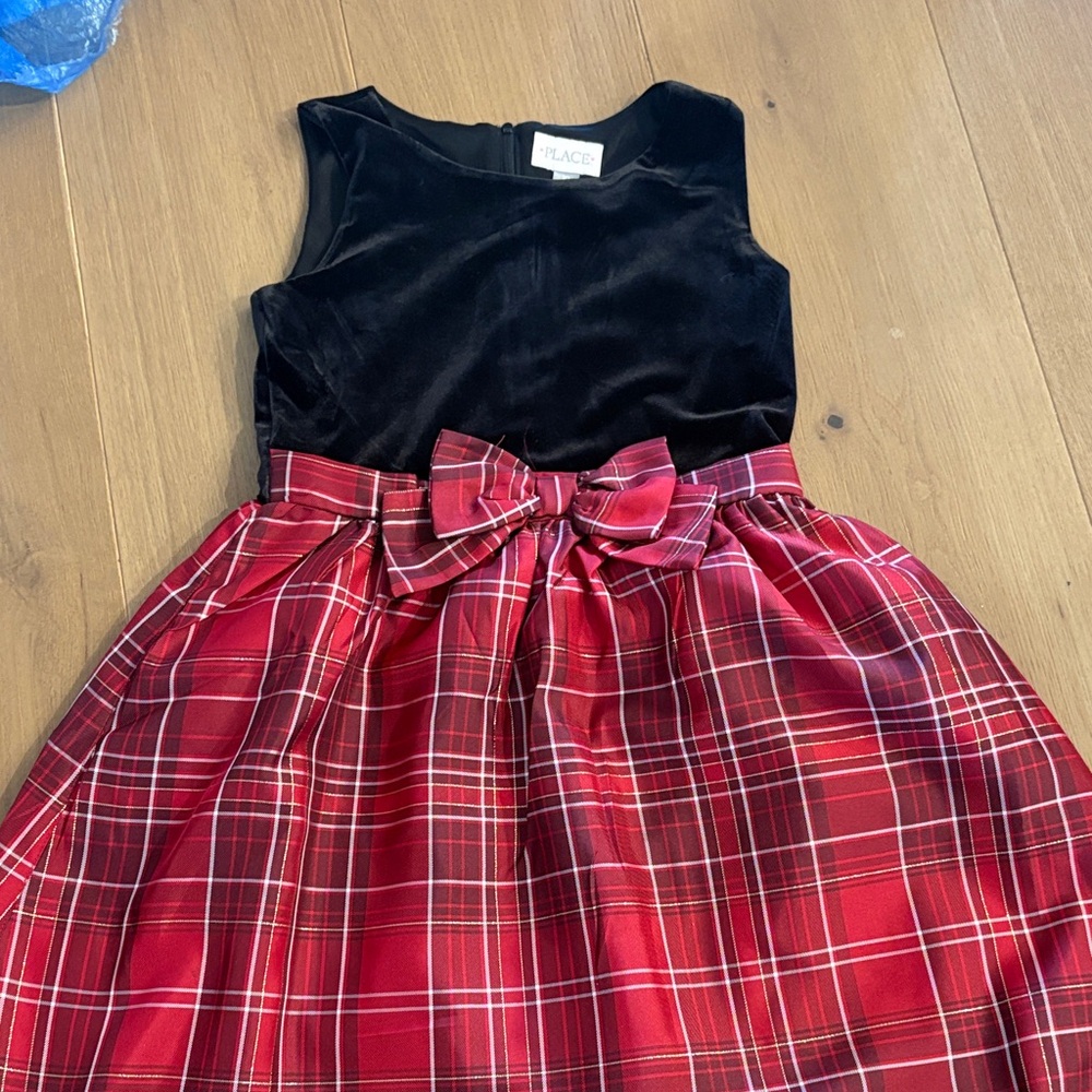 Place Velvet Black Top with Red Plaid Skirt